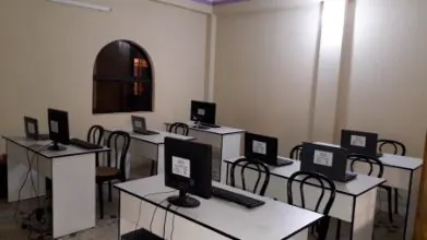 The training room, set out with desks and monitors
